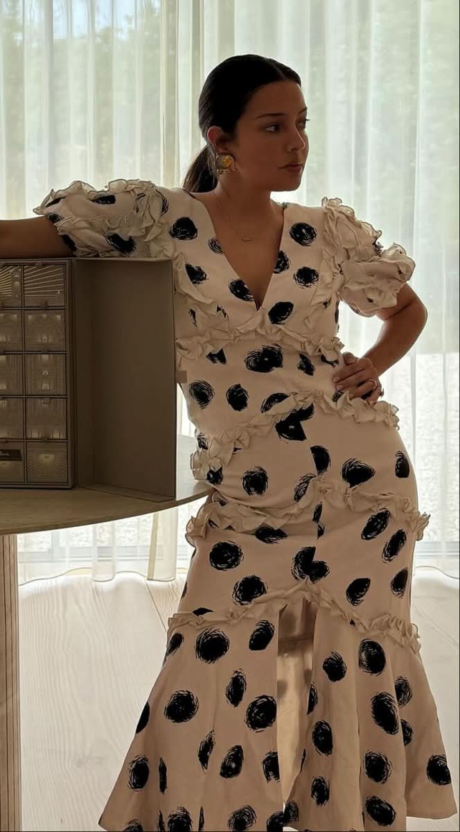 C/MEO COLLECTIVE Cream / Black Ruffle Detail Midi Dress UK S - Reliked