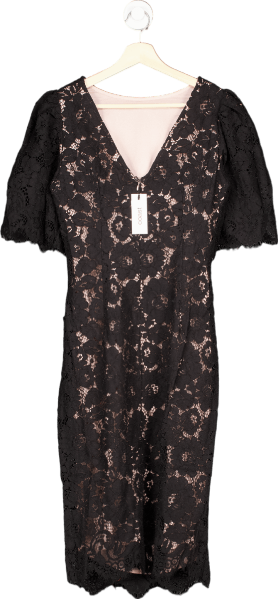 Coast Black Lace Flutter Sleeve Pencil Dress UK 8 - Reliked