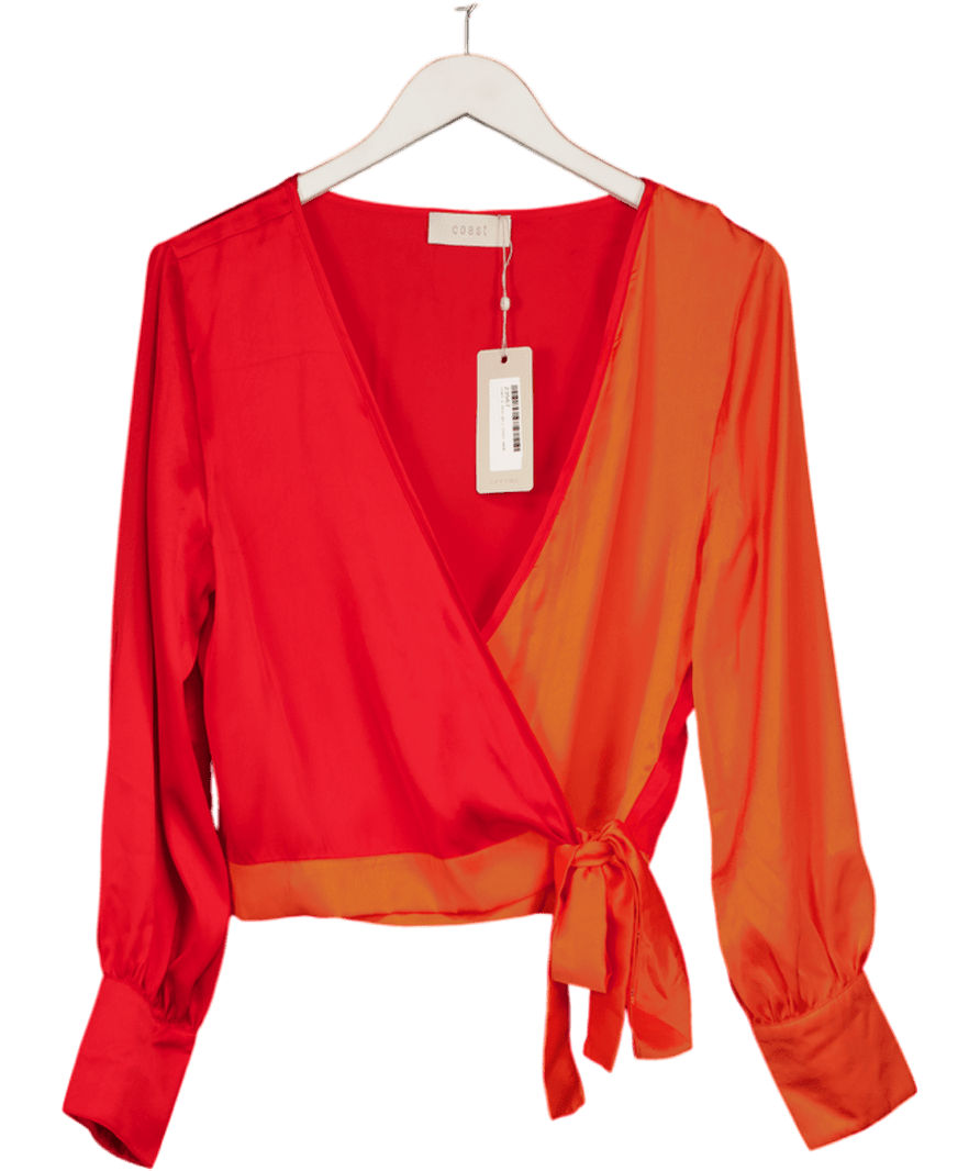 Coast Orange & Red Colourblock Satin Wrap Top UK 10 - Reliked