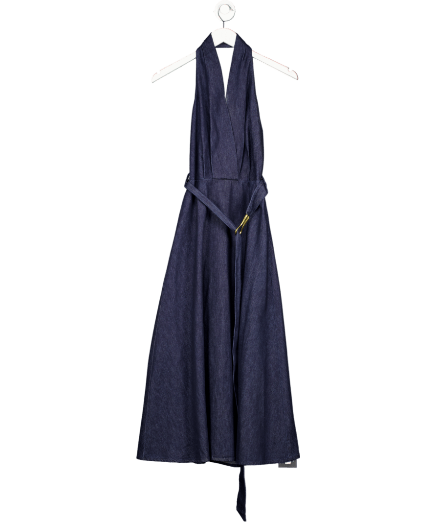 Commense Blue Denim Belted Halter Neck Midi Dress UK XS - Reliked