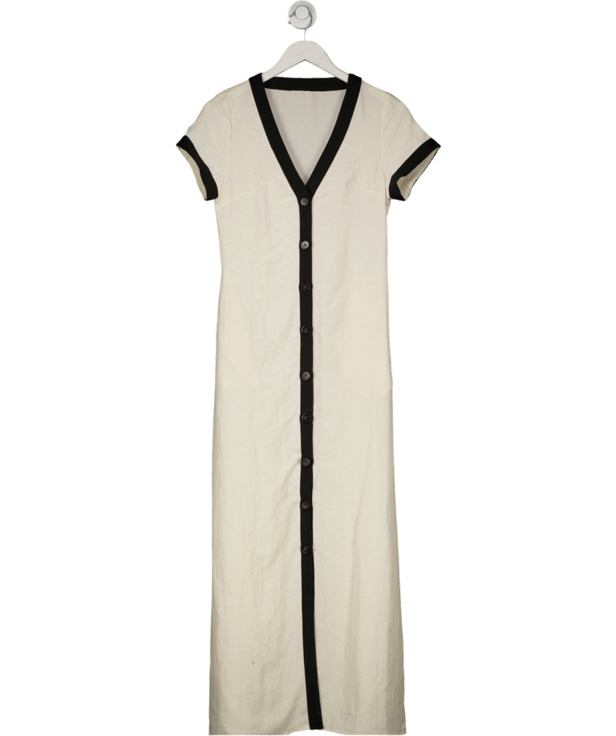 Commense Cream Cotton & Linen High Slit Contrast Trim Dress UK XS - Reliked