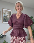 Copper & Black Arabella Claret Puff Sleeve Top UK 10 - Reliked