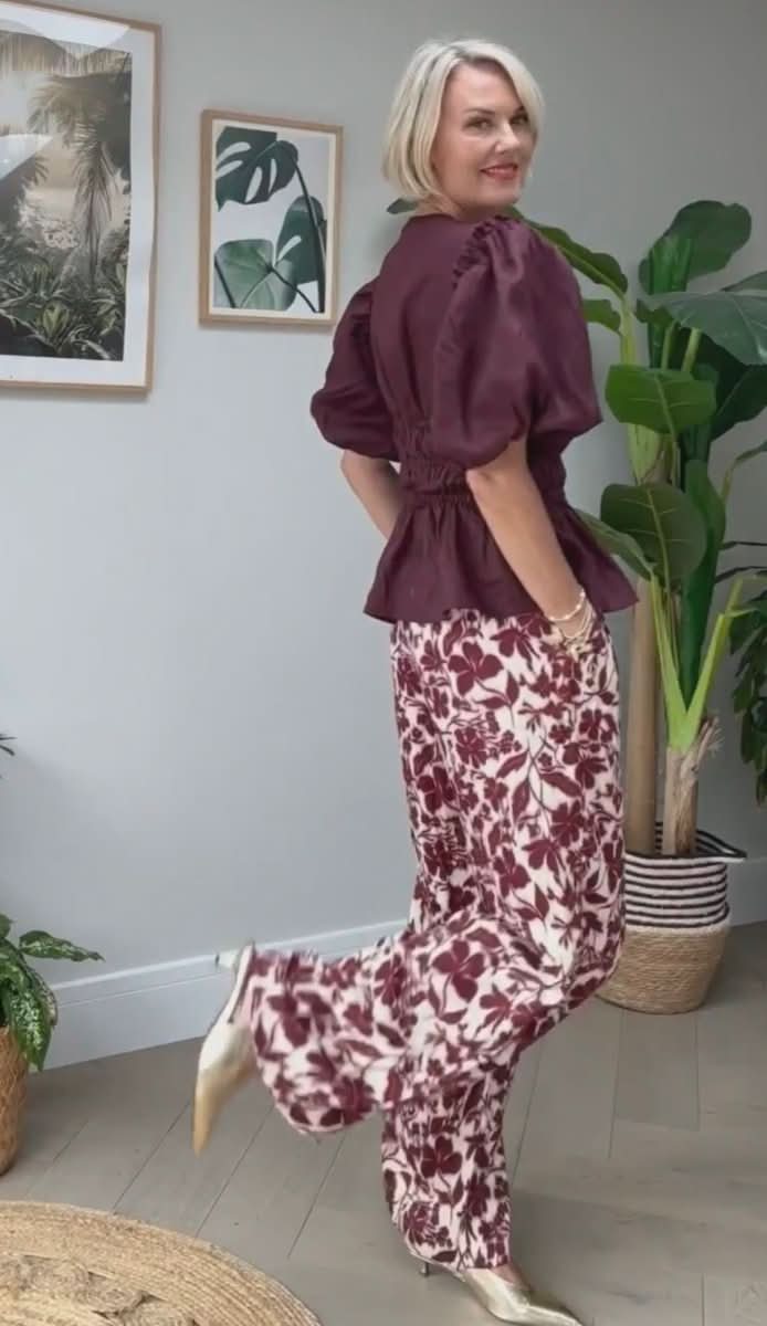 Copper & Black Kingston Claret Printed Satin Trousers UK 10 - Reliked