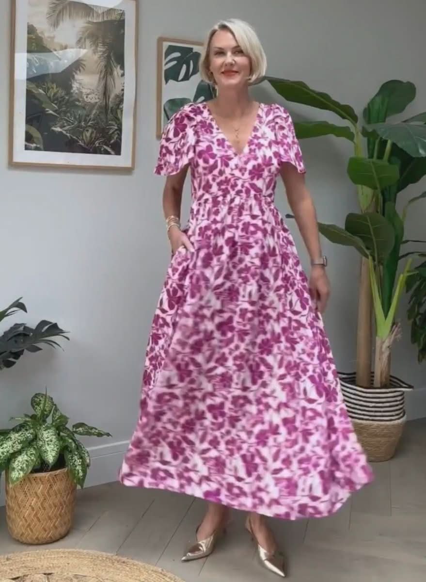 Copper & Black Purple Marlow Flute Sleeve Floral Maxi Dress UK 10 - Reliked