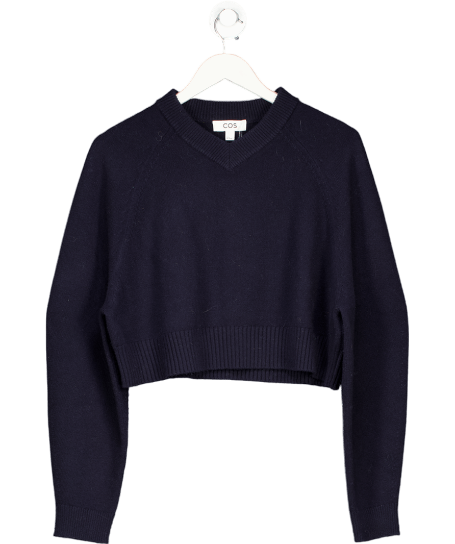 cos Navy Blue Cropped V - neck Wool Jumper UK M - Reliked
