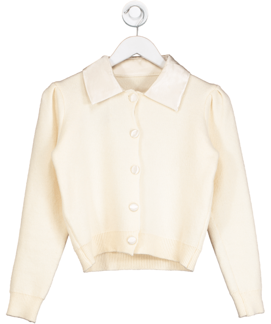 Cream Knitted Cardigan With Satin Collar UK S - Reliked