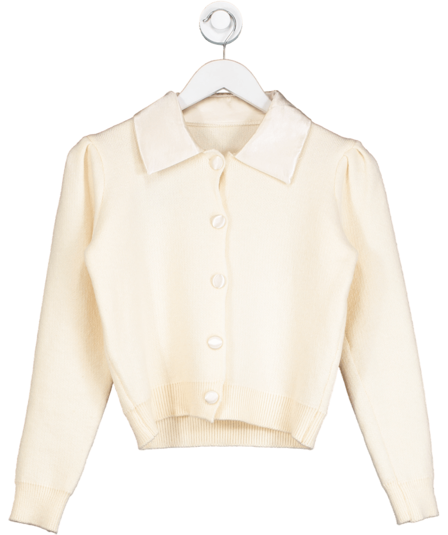 Cream Knitted Cardigan With Satin Collar UK S - Reliked
