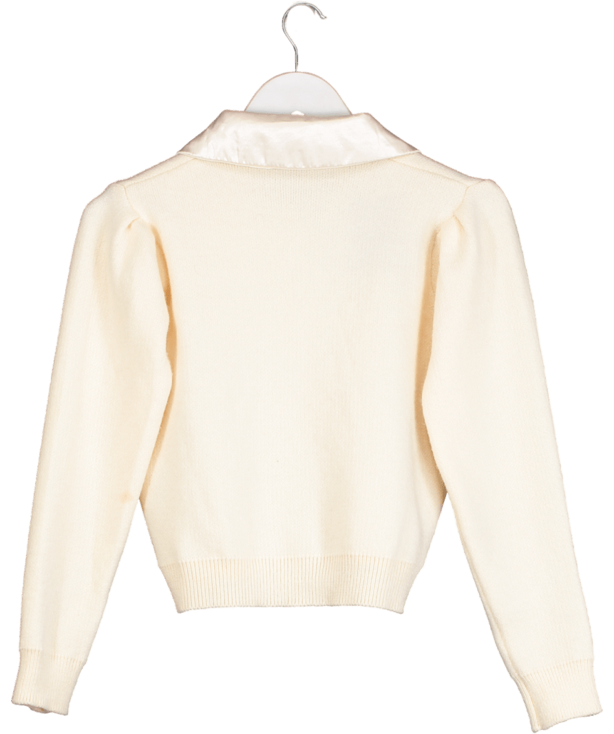 Cream Knitted Cardigan With Satin Collar UK S - Reliked