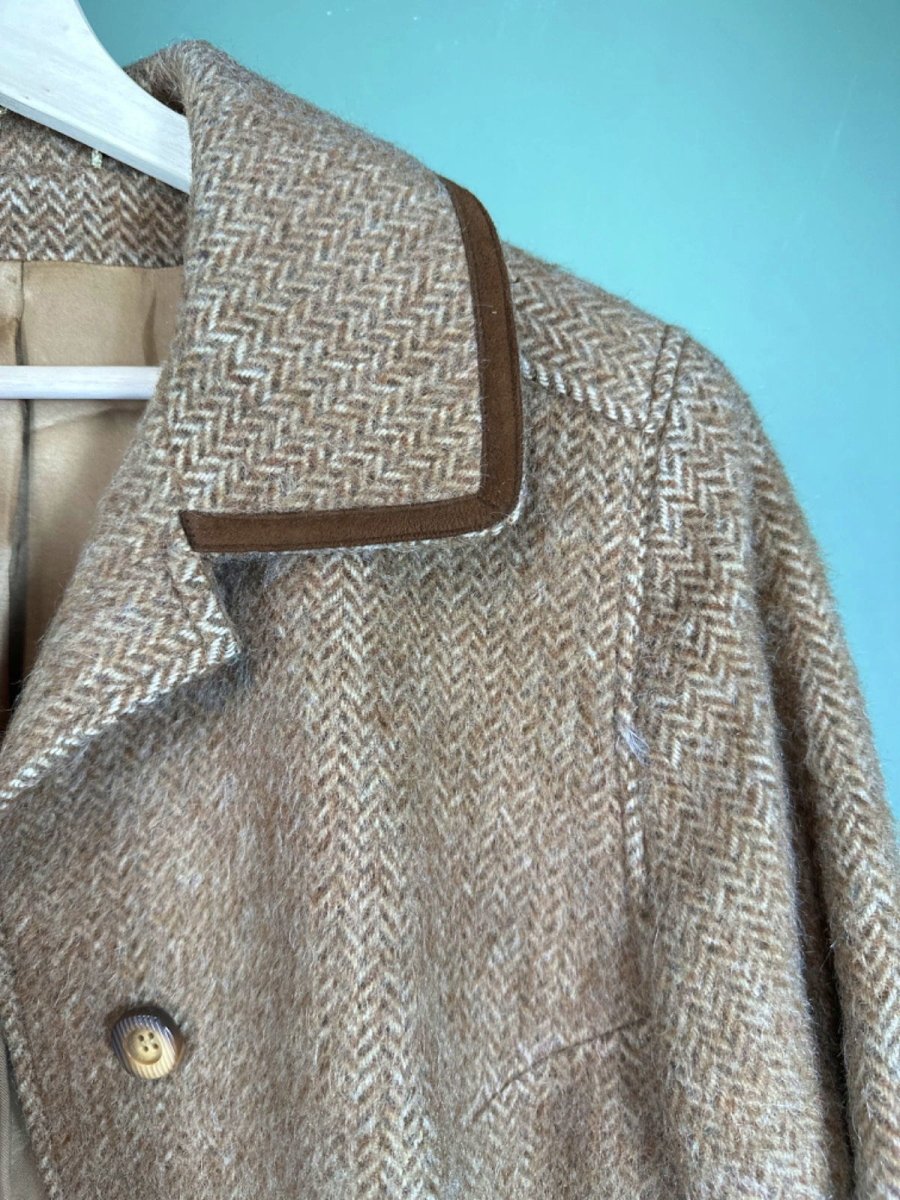 Creation Suisse Brown Herringbone Long Wool - Mohair Coat Petite UK 8 - Reliked