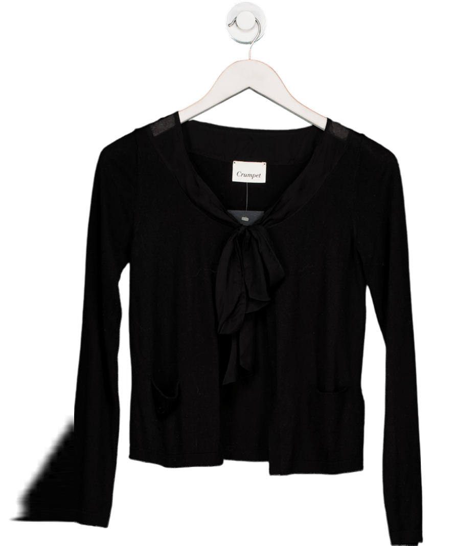 crumpet Black Merino Cashmere Blend Cardigan With Silk Tie UK S - Reliked
