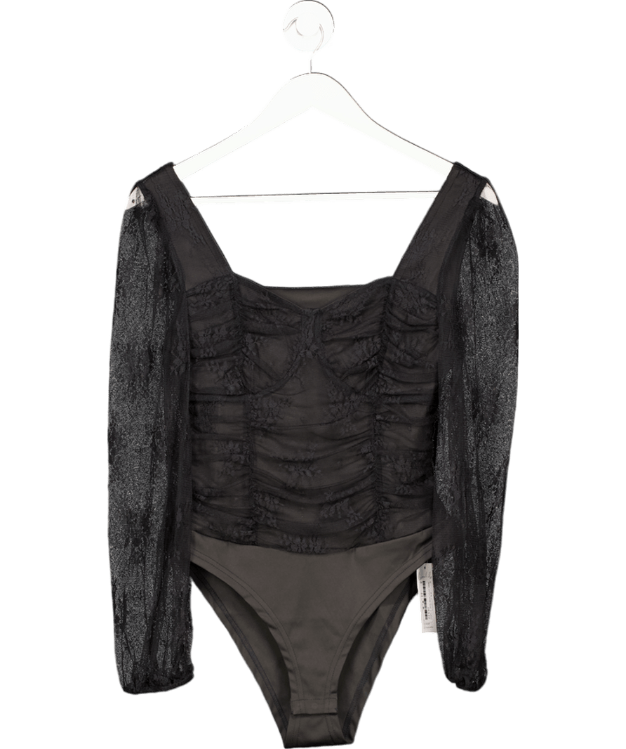 CUPSHE Black Ruched Lace Long Sleeve Bodysuit UK S - Reliked