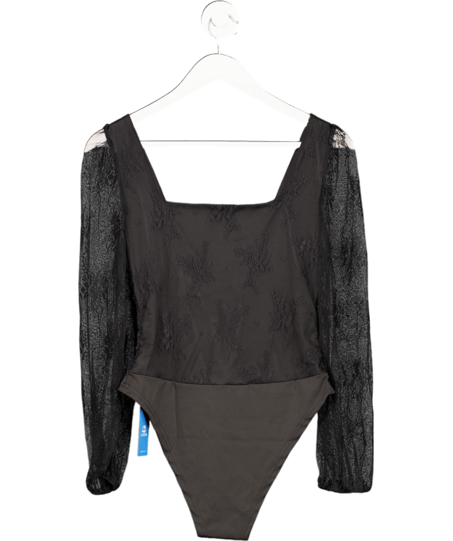 CUPSHE Black Ruched Lace Long Sleeve Bodysuit UK S - Reliked