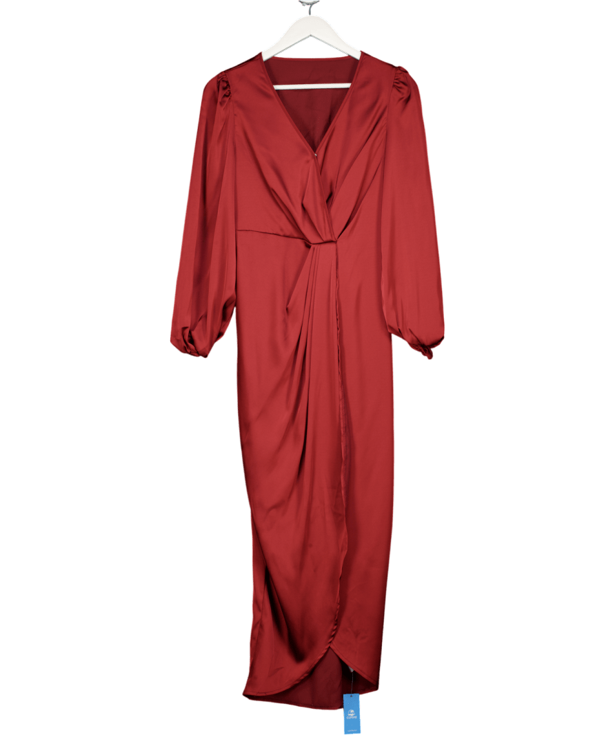 CUPSHE Burgundy Red Satin Puff Sleeve Midi Dress UK S - Reliked