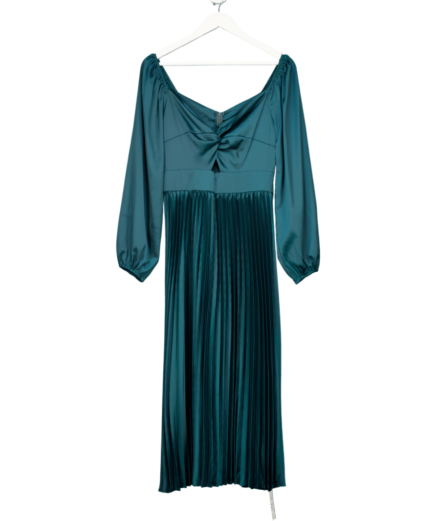CUPSHE Green Satin Sweetheart Puff Sleeve Midi Dress UK S - Reliked