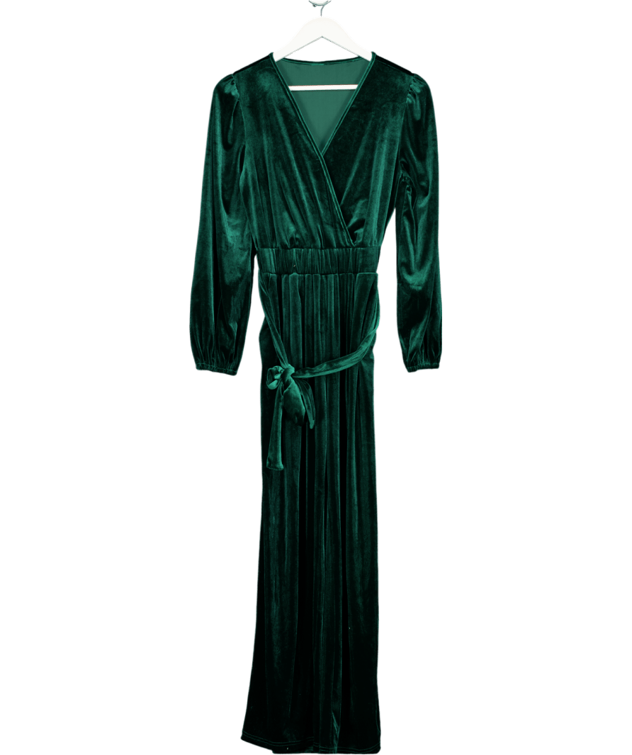 CUPSHE Green Velvet Long Sleeve Straight Leg Jumpsuit UK S - Reliked