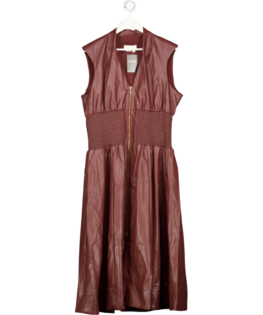 BY ANTHROPOLOGIE Wine Red Tommie Cap-sleeve Smocked Front-zip Shirt Dress: Faux Leather Edition UK XL