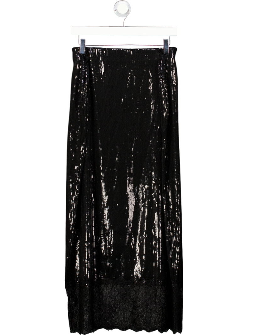 ASOS Black Sequin Mid Rise Column Skirt With Lace Trim UK L