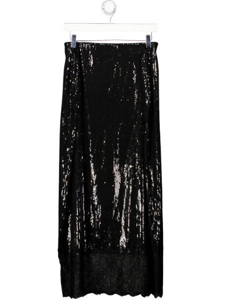 ASOS Black Sequin Mid Rise Column Skirt With Lace Trim UK L