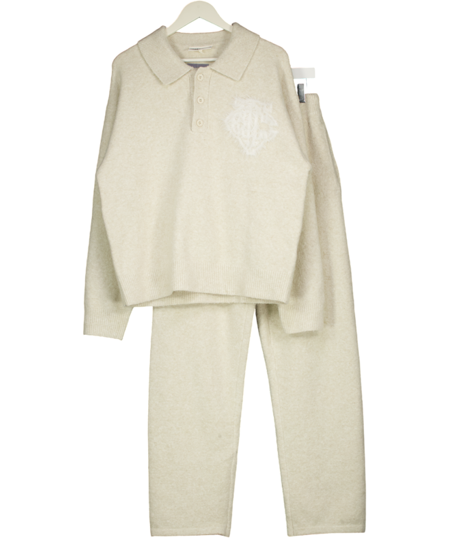The Couture Club Cream 2-piece Monogram Fluffy Knit Polo Jumper And Straight Leg Jogger Set UK S
