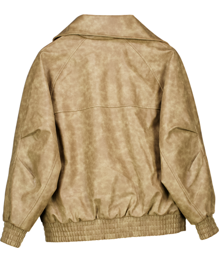 Topshop Faux Leather Oversized Bomber With Funnel Neck In Washed Brown UK S