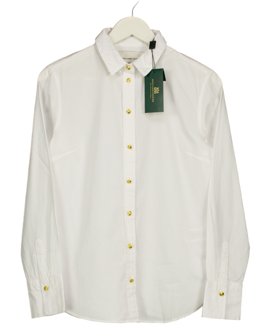 HOLLAND COOPER White 100% Cotton Classic Fit Shirt With Gold Logo Buttons UK 8