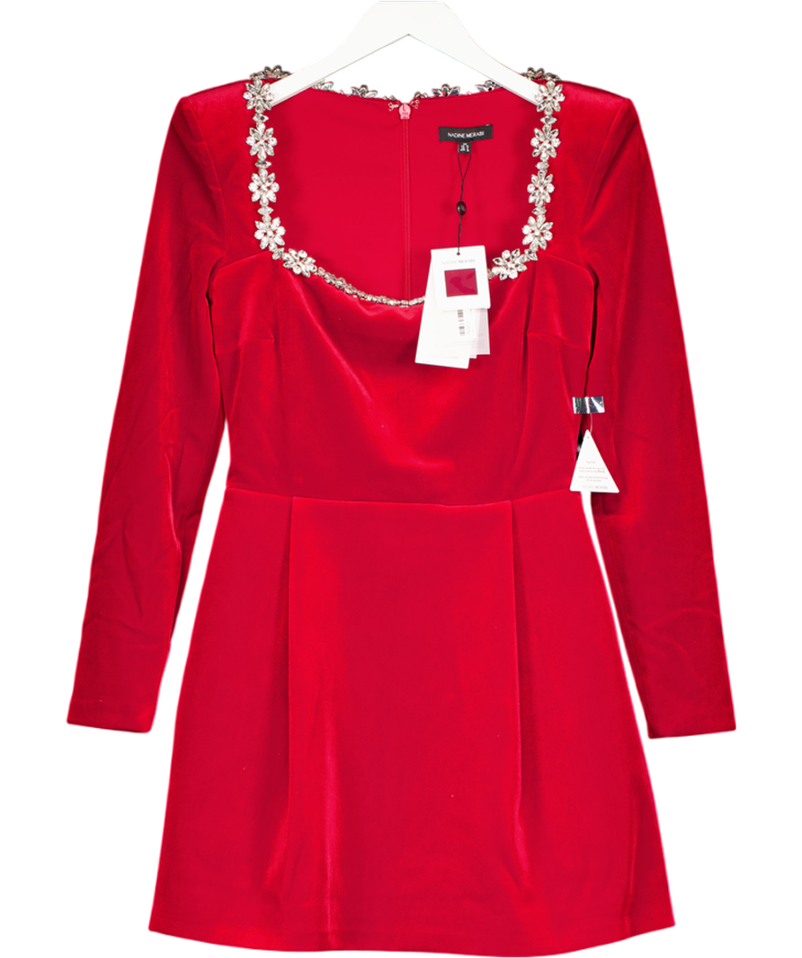 NADINE MERABI Kimberly Red Velvet Embellished Mini Dress UK 10