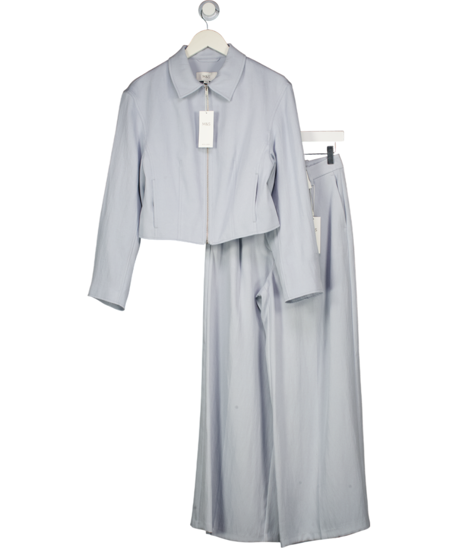 M&S Blue 2-piece Zip Through Jacket And Relaxed Wide Leg Trousers With Linen Set UK 8