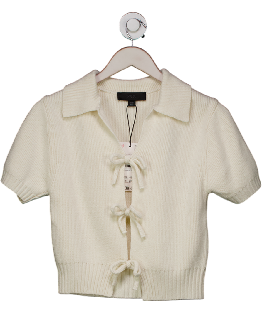 ZARA Cream Bow Front Short Sleeve Knit Top UK M