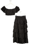 Club L Vista Black Broderie Ruffled Tiered Maxi Skirt And Crop Top Set UK 10