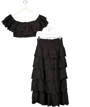 Club L Vista Black Broderie Ruffled Tiered Maxi Skirt And Crop Top Set UK 10