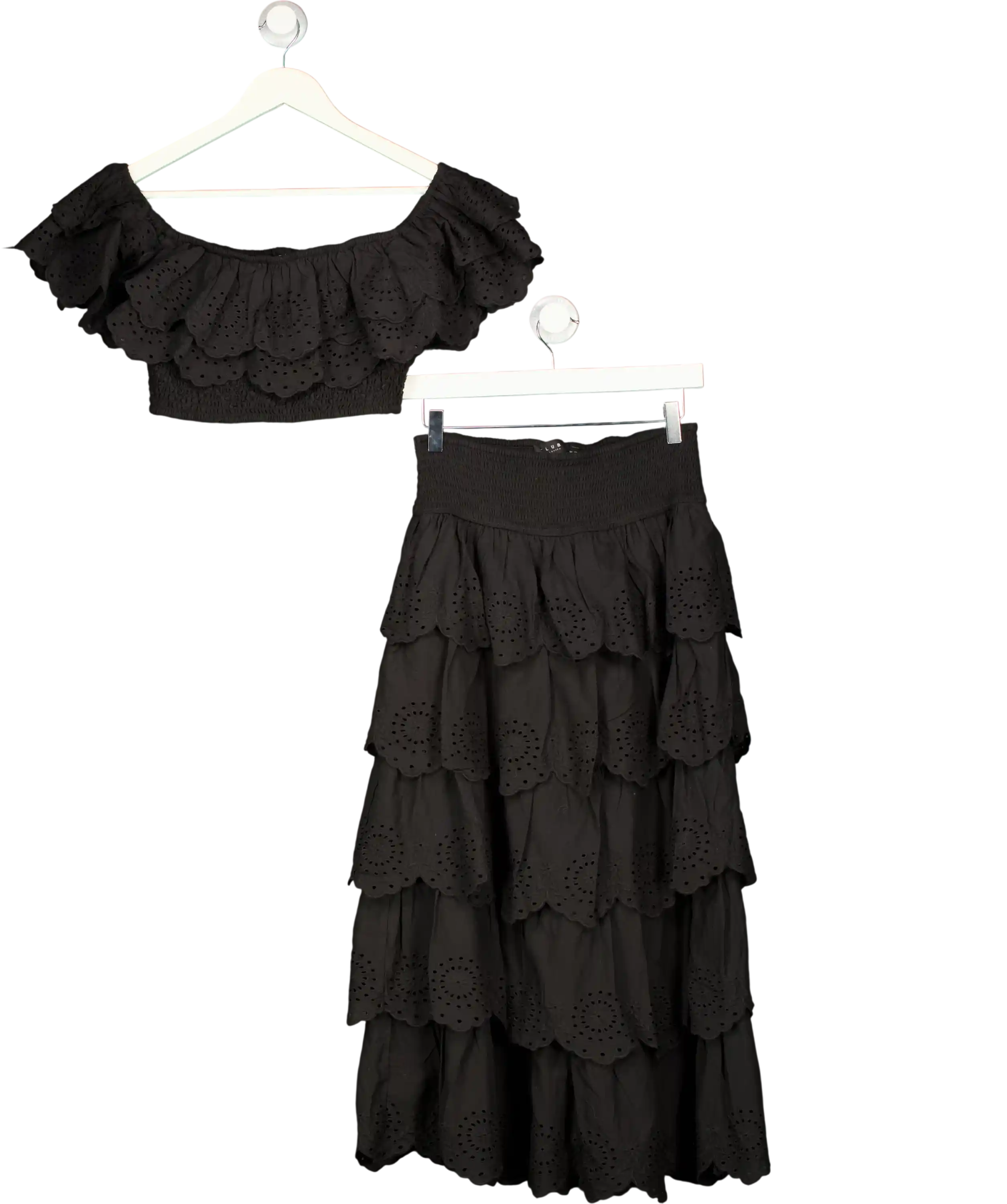 Club L Vista Black Broderie Ruffled Tiered Maxi Skirt And Crop Top Set UK 10