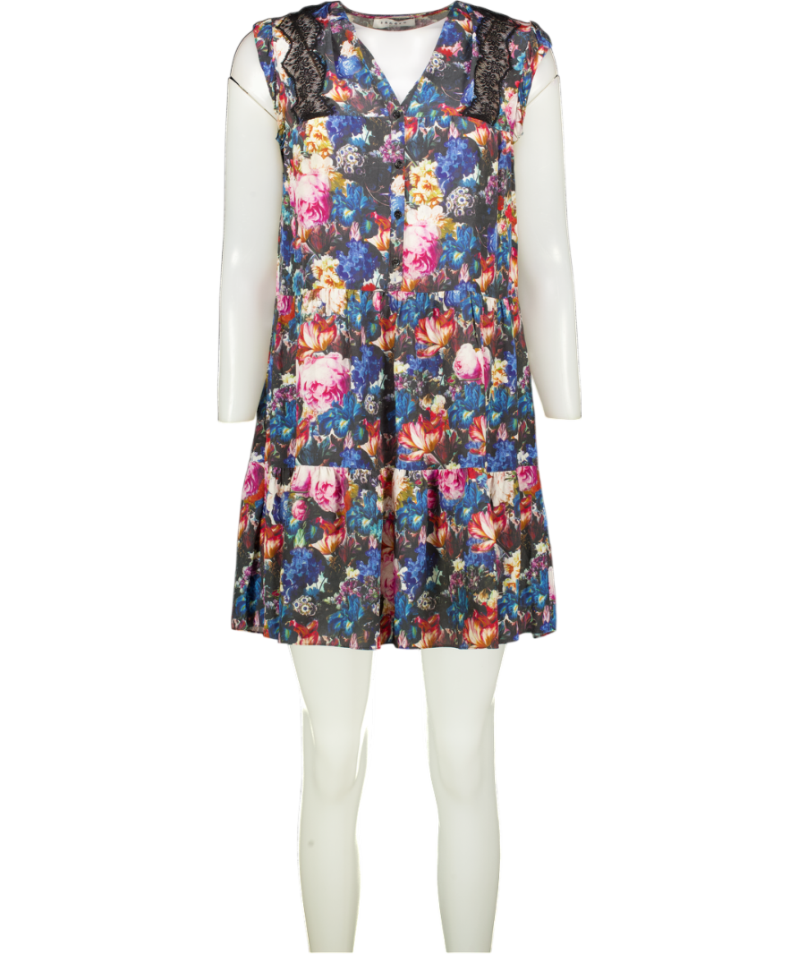 Sandro Blue Floral 100% Silk Dress With Lace Inset Shoulders Sz2 UK 10