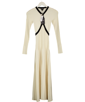 KAREN MILLEN Cream / Black Rib Knit Trim Detail Full Skirt Midi Dress UK XS