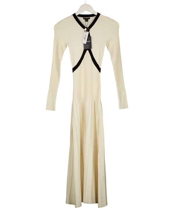 KAREN MILLEN Cream / Black Rib Knit Trim Detail Full Skirt Midi Dress UK XS