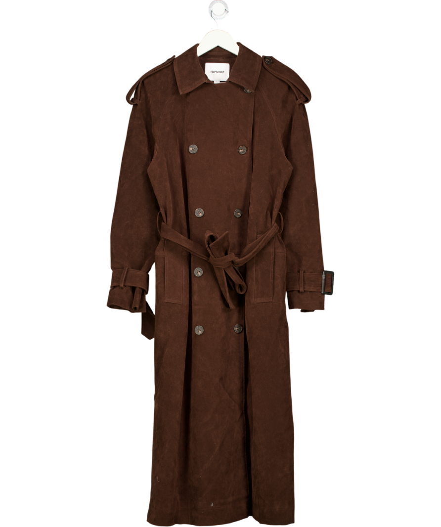 TOPSHOP Brown Longline Oversized Faux Suede Trench Coat In Chocolate UK S