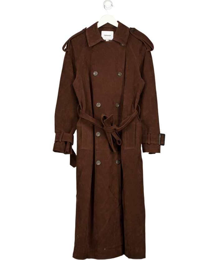 TOPSHOP Brown Longline Oversized Faux Suede Trench Coat In Chocolate UK S