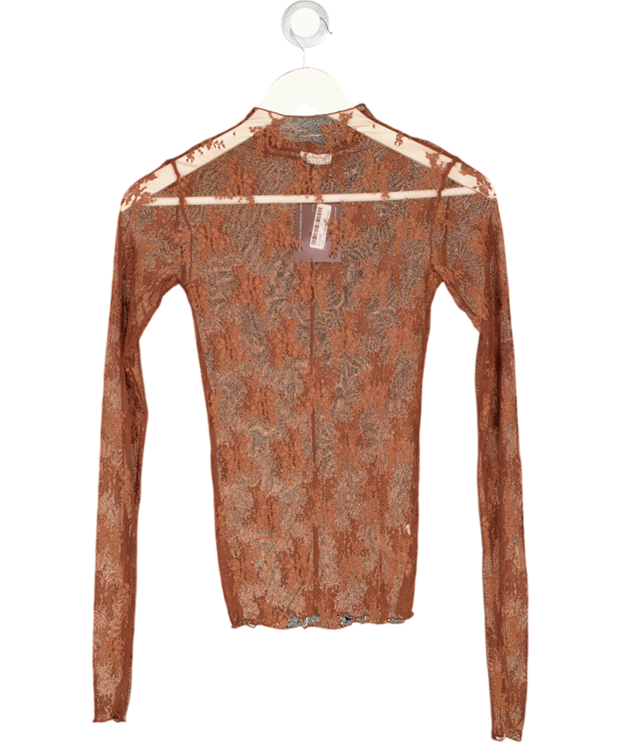 FREE PEOPLE Brown Intimately Black Sheer Lace High Neck Top UK XS