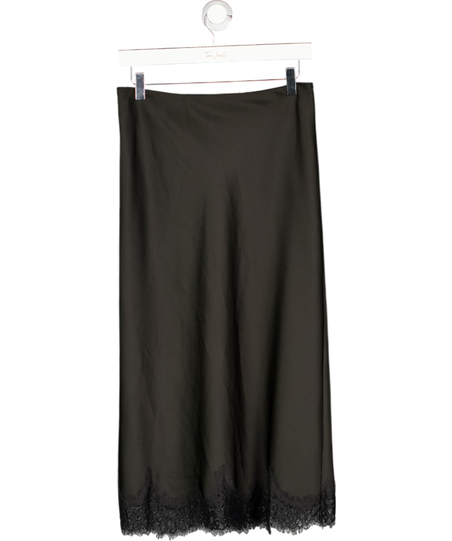 ZARA Black Lace Trim Satin Midi Skirt UK S