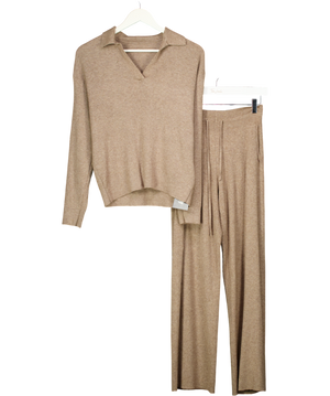 Uniqlo Beige 2-piece Machine Washable Ribbed Knit Collared Polo Top & Wide Leg Lounge Trouser Set UK M