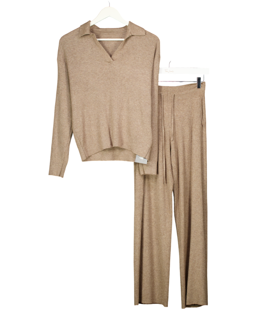 Uniqlo Beige 2-piece Machine Washable Ribbed Knit Collared Polo Top & Wide Leg Lounge Trouser Set UK M