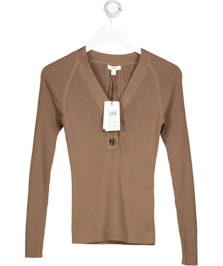 REISS Brown Reece Ribbed Knit V-neck Top UK XS