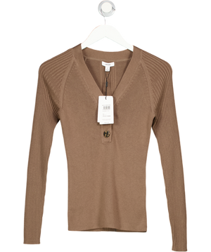 REISS Brown Reece Ribbed Knit V-neck Top UK XS