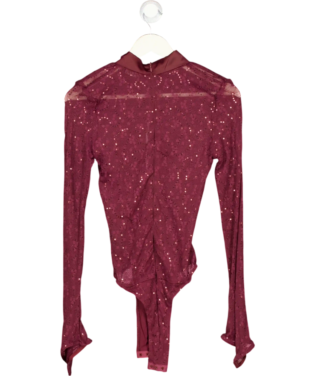 MURCI Wine Red Sequin Lace Keyhole Bodysuit UK 8