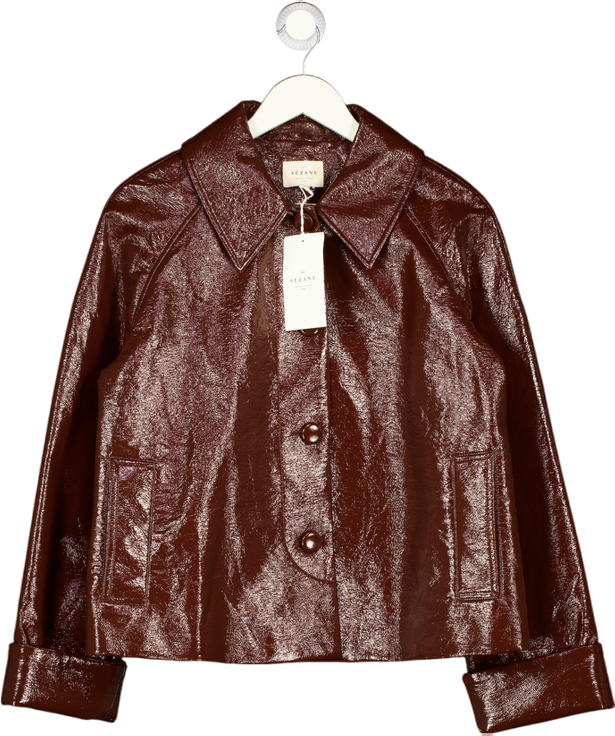 SEZANE Brown Robbin Faux Patent Leather Jacket  Chocolate Fr38 UK 10