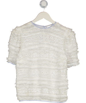 DONNA IDA White Lace Fringed Top With Contrast Blue Trim UK S