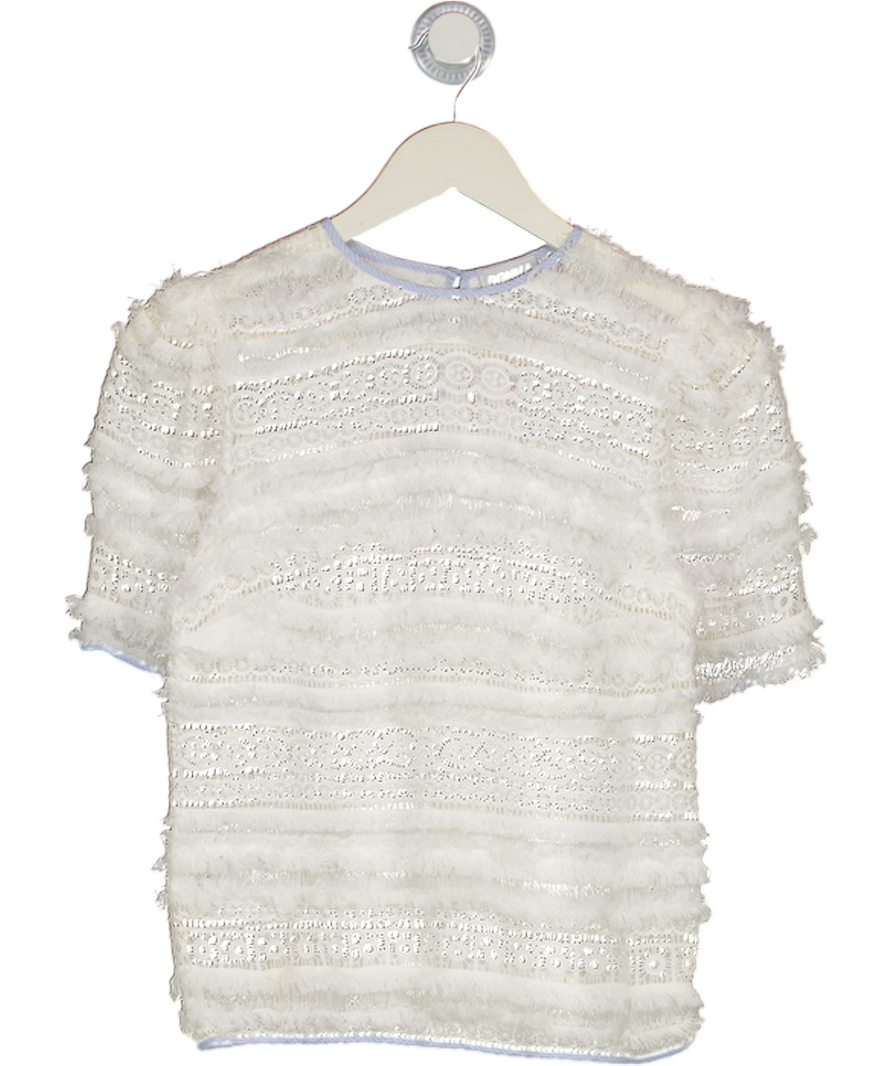 DONNA IDA White Lace Fringed Top With Contrast Blue Trim UK S