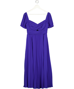 SELF PORTRAIT Cobalt Blue Pleated Chiffon Puff Sleeve Sweetheart Neck Midi Dress UK 10