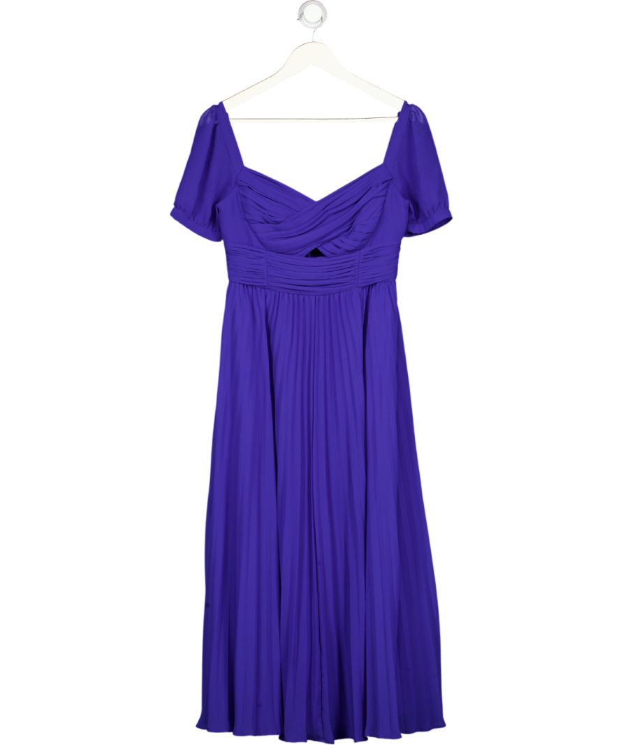 SELF PORTRAIT Cobalt Blue Pleated Chiffon Puff Sleeve Sweetheart Neck Midi Dress UK 10
