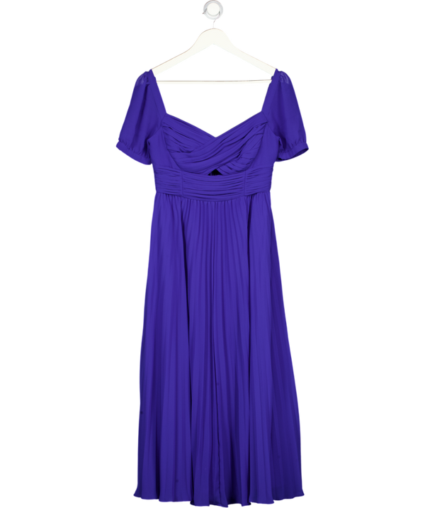 SELF PORTRAIT Cobalt Blue Pleated Chiffon Puff Sleeve Sweetheart Neck Midi Dress UK 10