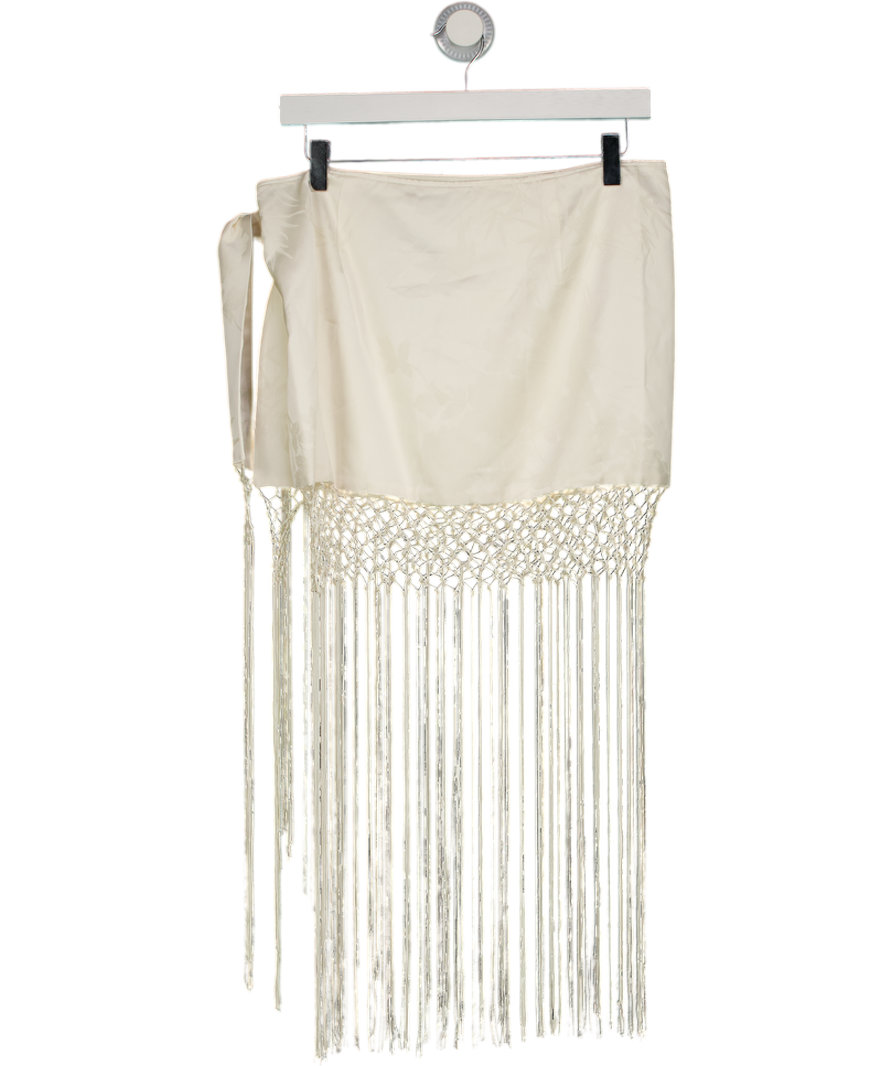 BOA. Cream Satin Jacquard Sarong Midi Skirt With Fringing UK M
